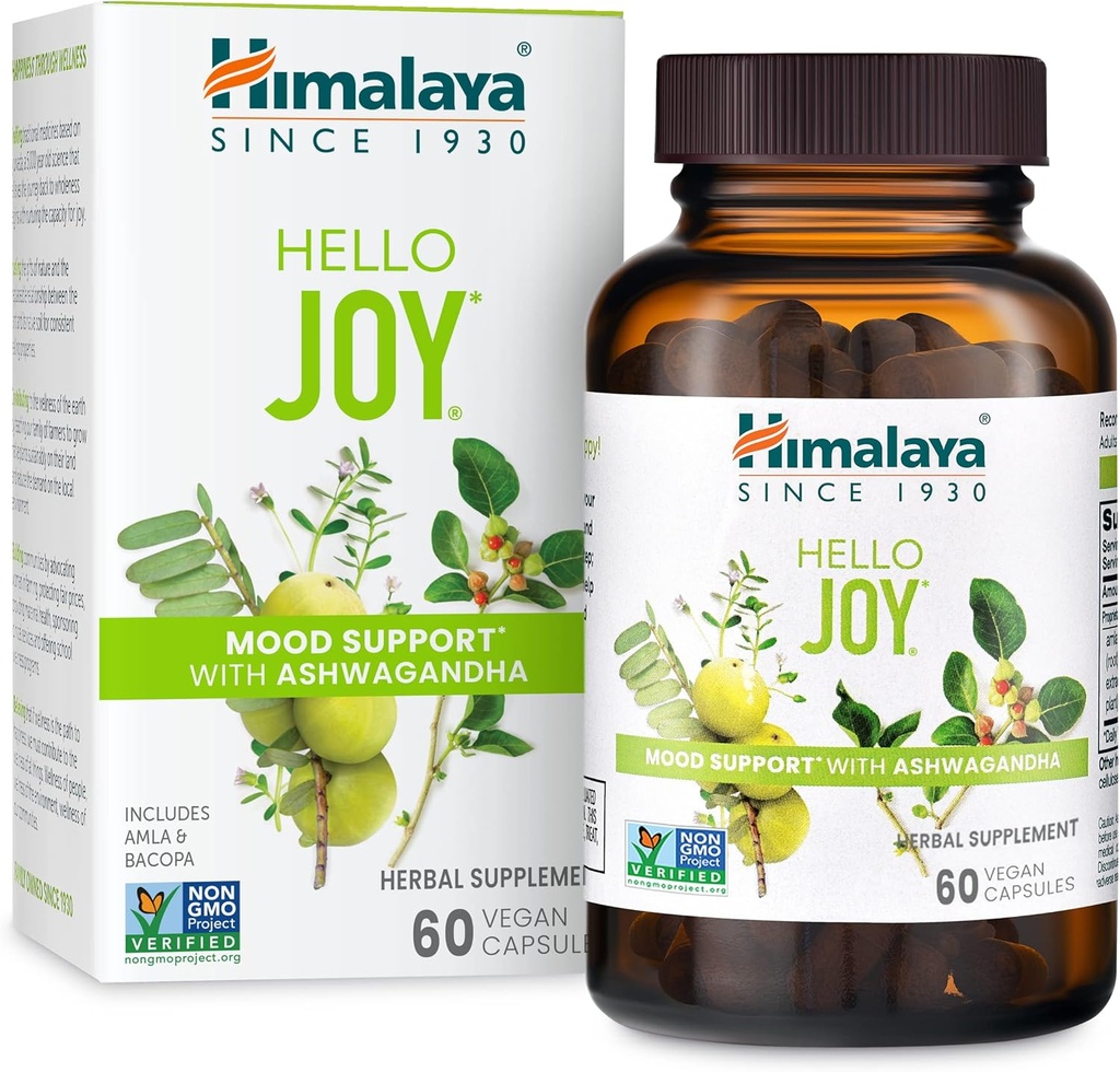 Himalaya Hello Joy Herbal Suplemen, dengan Ashwagandha, Amla, Babopa, Kudus Basil / Tulsi, Outlook Positif, Pendukung Motivation, Stress Relief, Cortisol Balanced, Non-GMO, Vegan, 60 Capsules