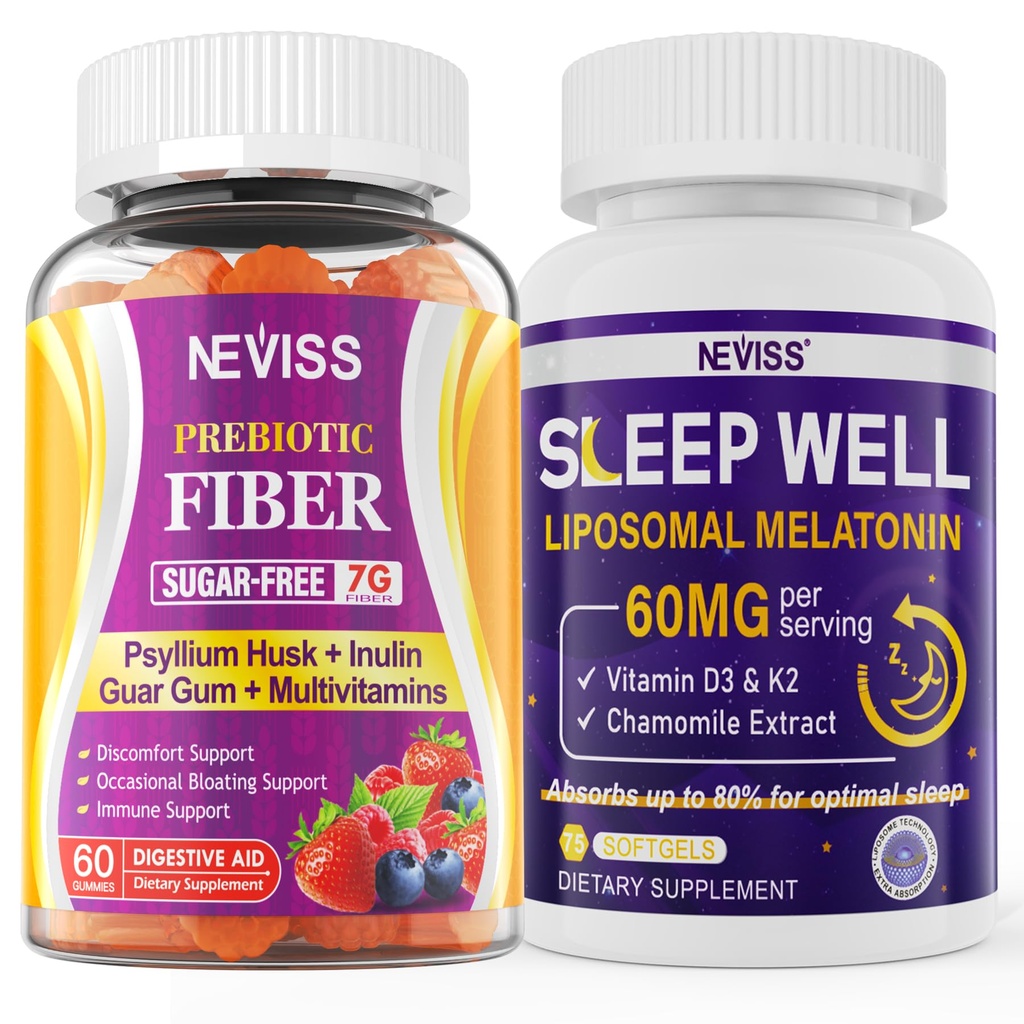 NEVISS Prebiotic Fiber 7G Gummies for Dewata + Melonatin 60mg for Adults Bundle