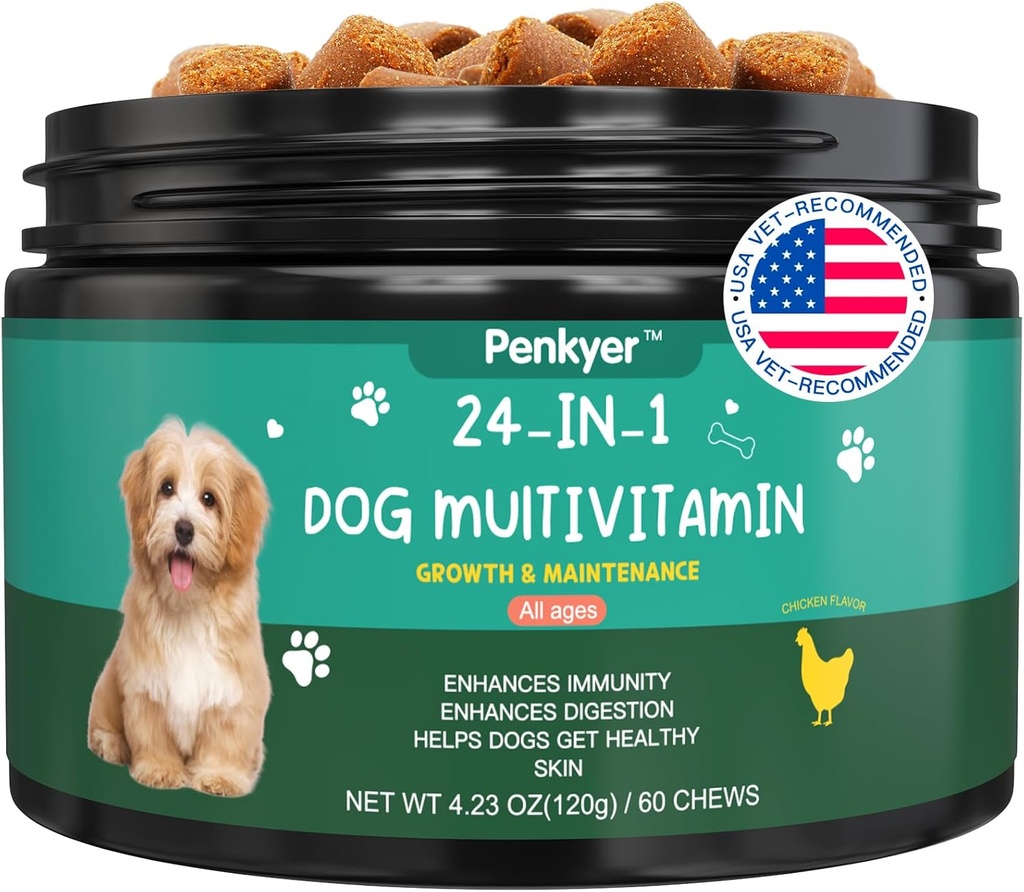Dog Multivitamin Chewable Vitamin for Dogs with Glucosamin Chondroitin Multivitamin Chews Puppy Treats Skin Coat Heart Health Pet Hip & Joint Support for Dog Immunity Mobility Energy