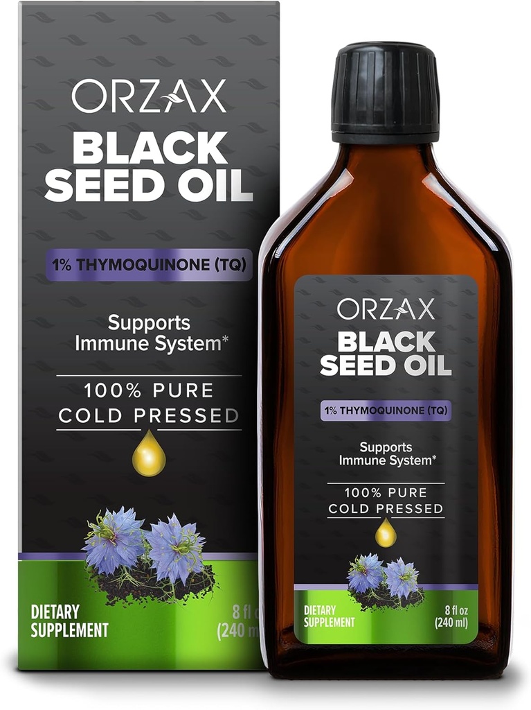 Air liquid ORZAX Black Seed (8 fl oz) - Dingin Menekan 100% Pure 124; Vegan, Gluten Free, Non-GMO 124; 5000mg Black Cumin (Nigella Sativa) Minyak dengan 50mg Thymoquinone 124on; Kaya dalam Omega 3- 6- 9 1244L Glass Bottle