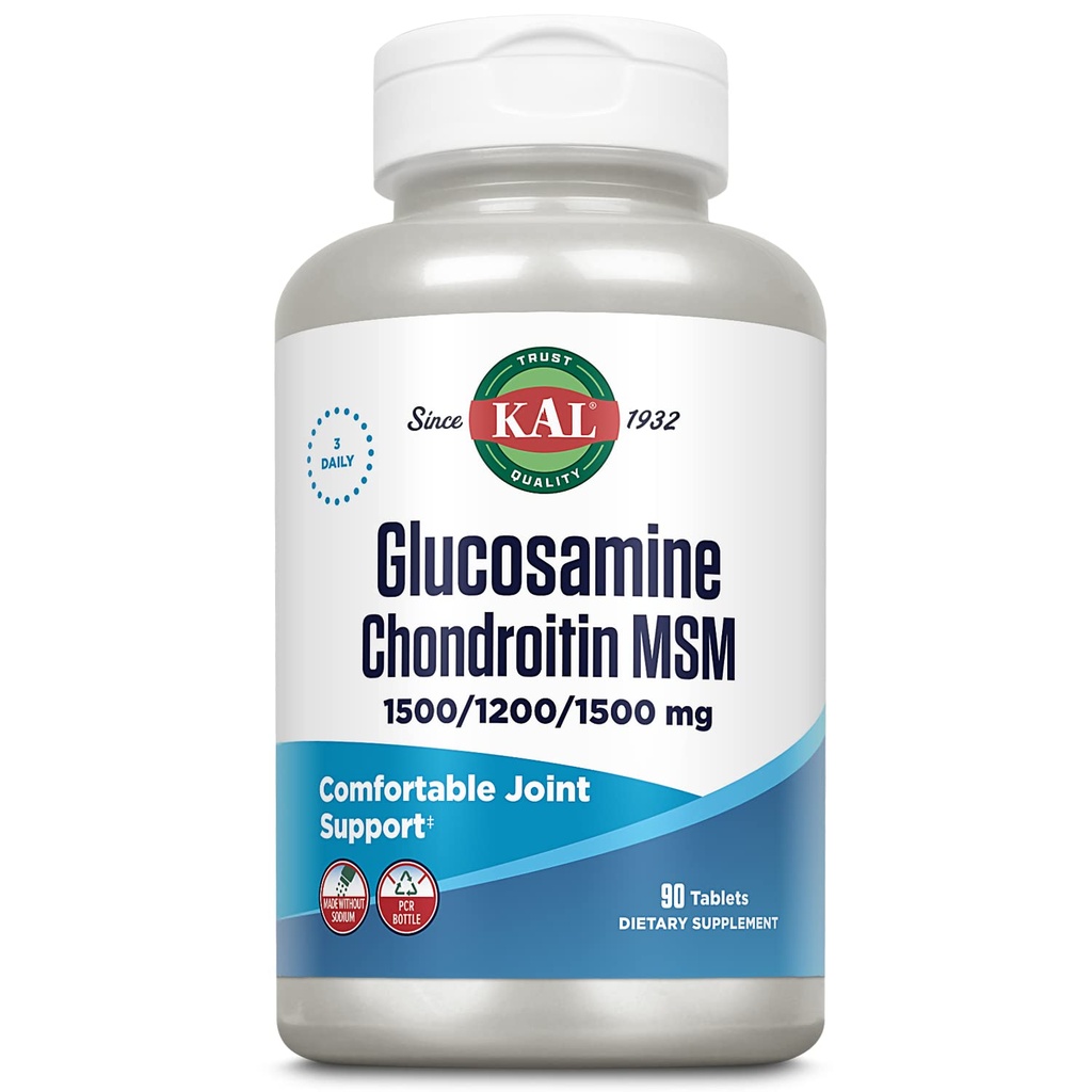 KAL Glucosamin Chondroitin MSM, Bersama Suplemen Dukungan untuk Perempuan dan Pria, 1500mg Glucosamine Sulfate, 1200mg Chondroitin, 1500mg MSM, Rapid Disintegration, 60- Day Asurantee, 30 Pelayan, 90 Tablet