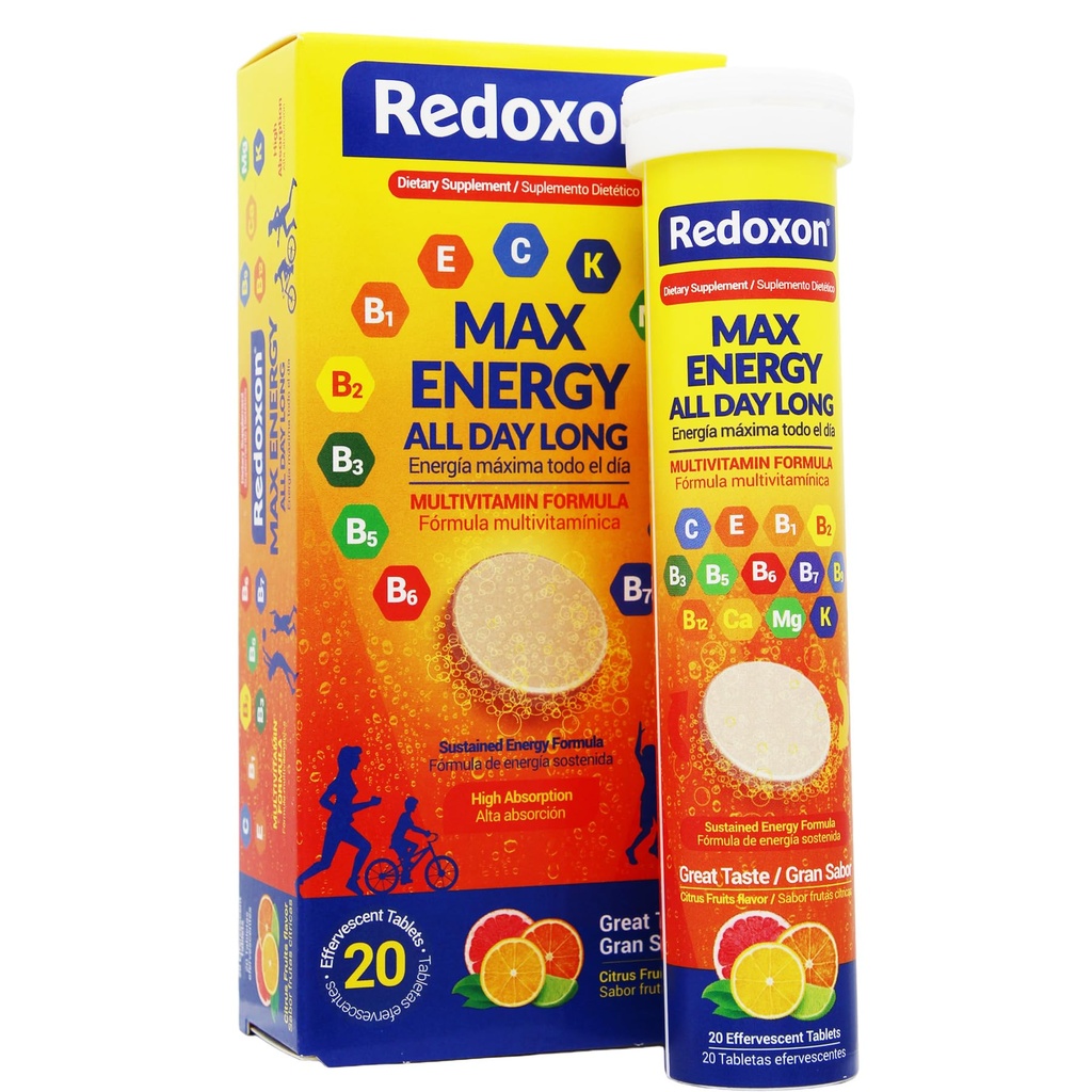 Redoxon Max Energy, Membantu Mendukung Inmune System, Citrus Flavor, 20 Effervescent Tablet, 2.82 Oz, Box