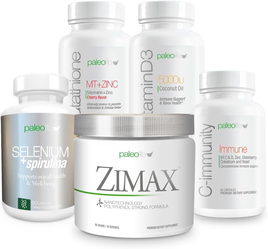 Premium Maximum Defense Kit: 5 Premium Suplemen dan Vitamin disertakan: Zimax, Selenium + Spirulina, Glutathione MT + Zinc, Vitamin D3, dan C-Imm.