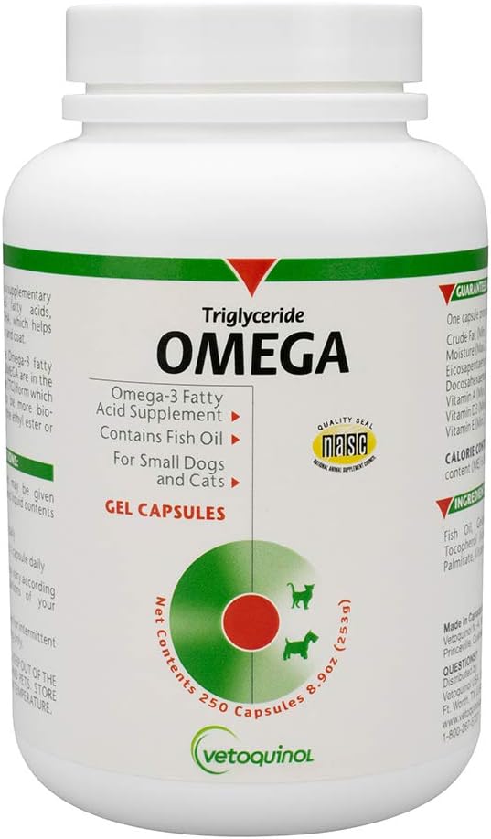 Vetoquinol Triglyceride Omega 3 Suplemen untuk Dogs and Cats, Fish Oil Suplemen dengan EPA dan DHA, Promotes Skin, Coat, Gabungan, dan Immune Health, Omega 3 Ikan Oil untuk Anjing dan Kucing sampai 30lbs, 250ct