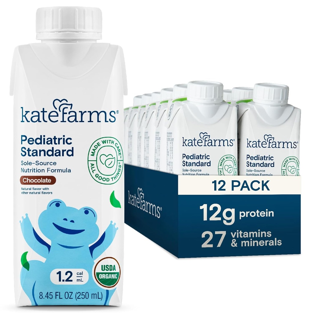 KATE FARMS Organik Pediatric 1.2 High Calorie Chocolate Nutrection Shake, 12g Protein, 27 Vitamin dan Mineral, Penggantian Meal, 8.45 oz (12 pack)