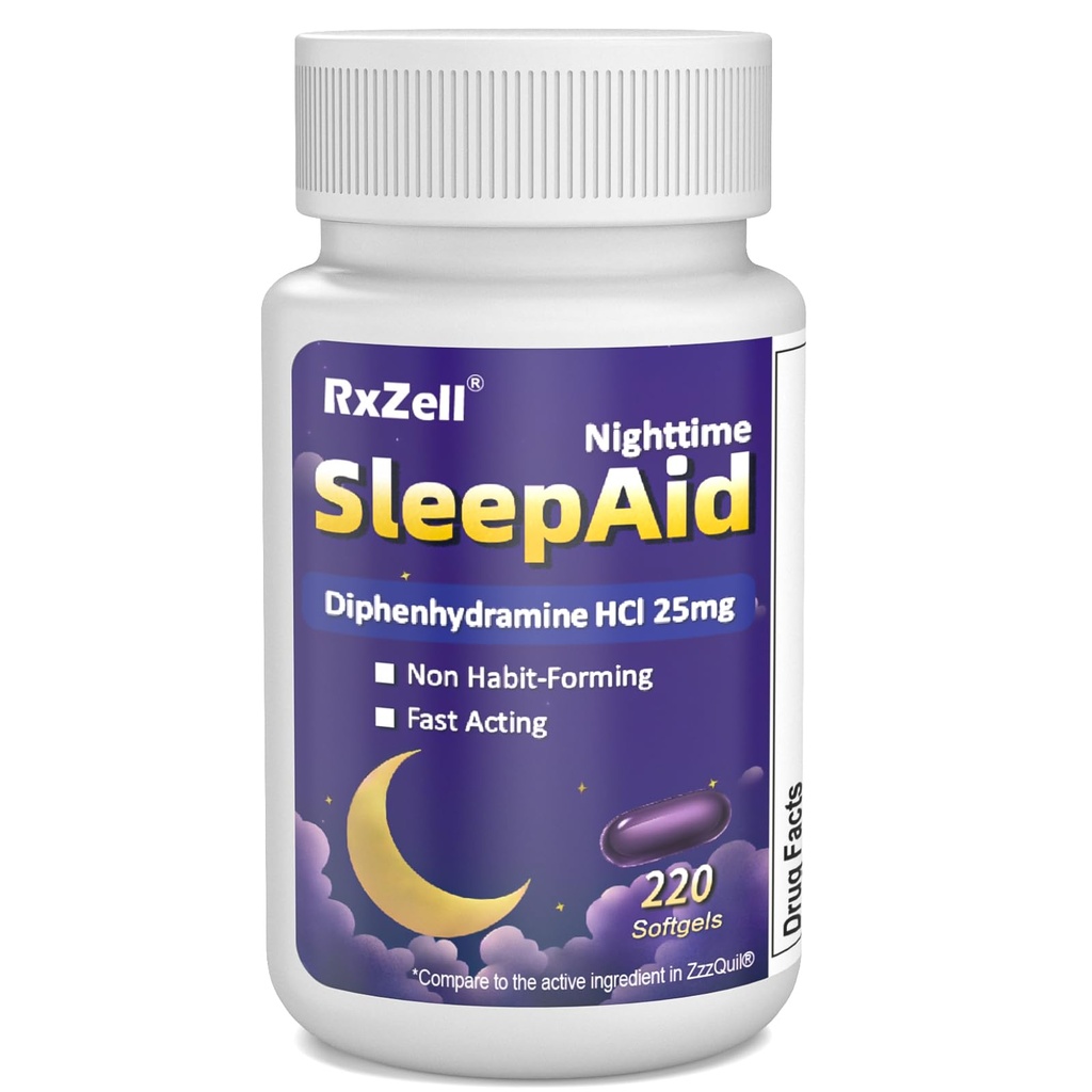 Sleep Aid, Diphenhydramine HCI 25mg, 220 Softgeels - Fall Asleep Faster, Deeper Restful Sleeping, Non Habit- Forming