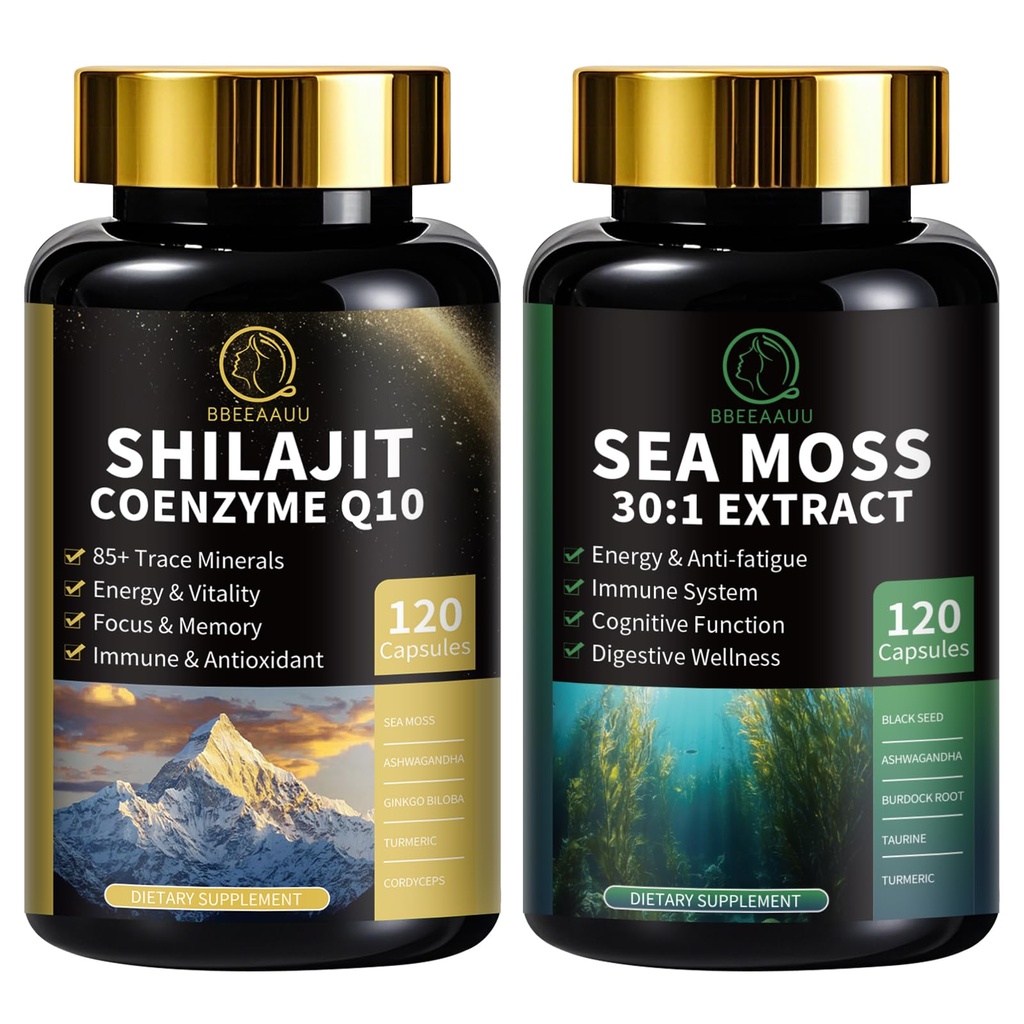 Shilajit untuk Men, Sea Moss dan Shilajit Bundle, Semua dalam 1 Suplemen dengan Koenzim Q10, Benih Hitam, Ashwagandha, Taurine, Burdock for Energy, Endurance, Antioksidant & Imune Dukungan, 240 Capsules