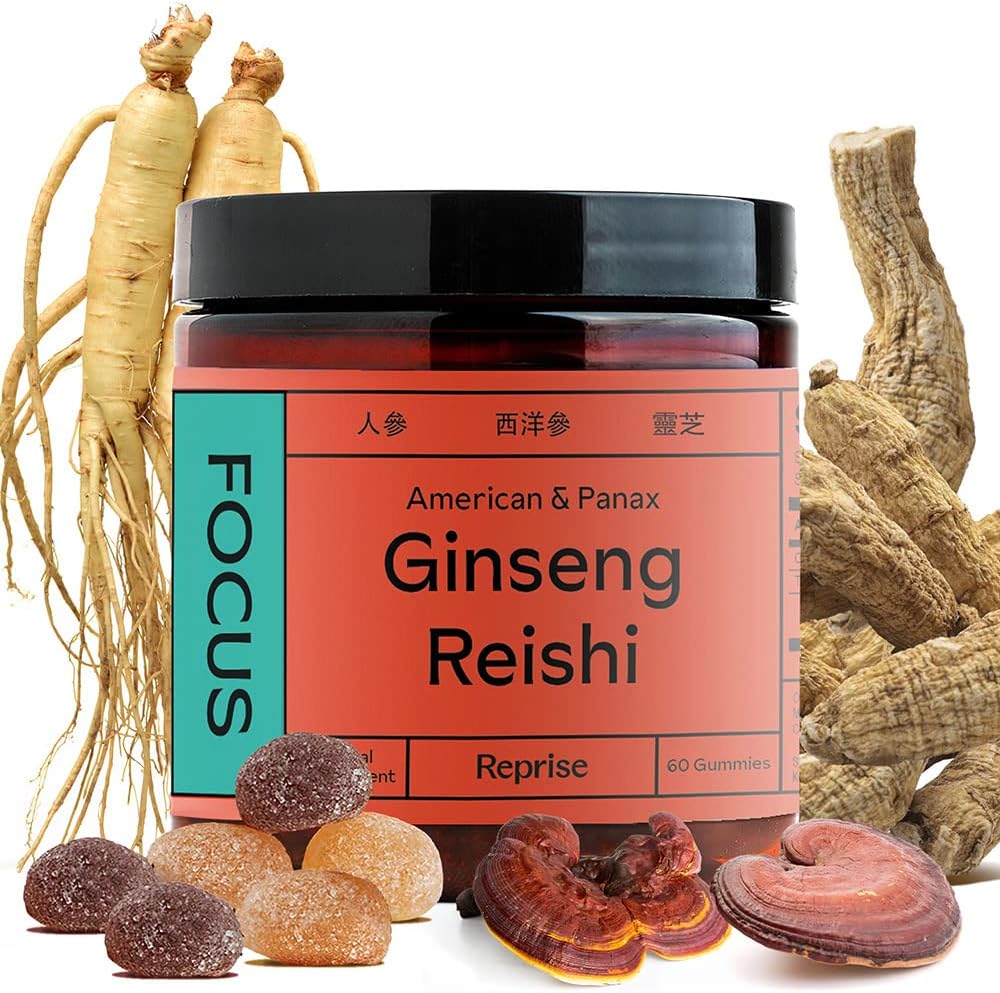 Fokus pada Gumi dengan Ginseng Amerika, Panax Korea Ginseng & Reishi Ekstraksi - Membantu mendukung Energi & Mood, Vegan, Lower-Sugar, 60 Gummies, Pineapple, Loquat & Strawberry Flavor