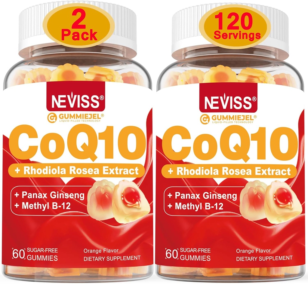 NEVISS Sugar Free CoQ10 Filled Gummies dengan Vitamin B12 10000mcg, Rhodiola Rosea dan Panax Ginseng Ekstrak, Vitamin B6, Koenzim Q10 Supplemen, 2 Pack
