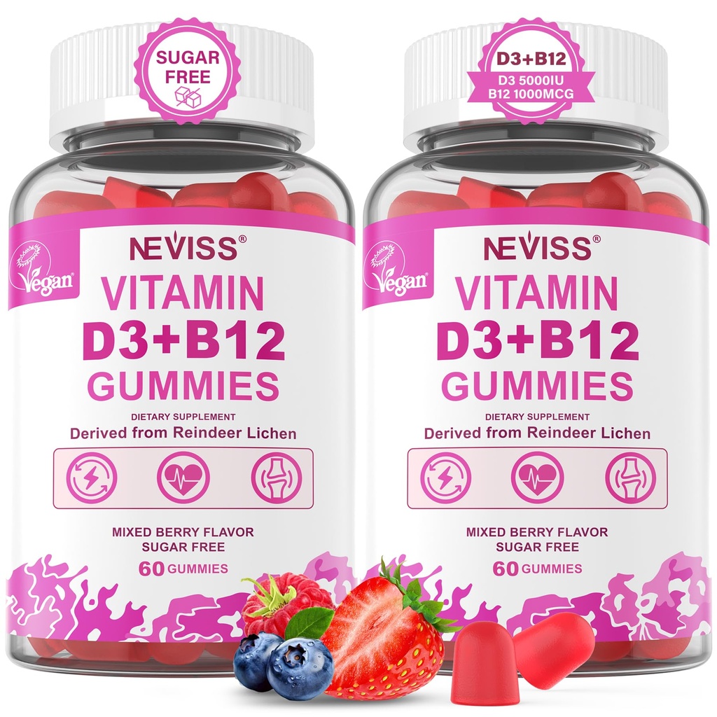 NEVISS 2Pack Vegan D3 + Vitamin B12 Gummies, Potensi Tinggi D3 5000IU & 1000 mcg Methylated B12, Vitamin D3 dan B12 untuk Dewasa, Dukung Kesehatan Bone, Imune & Energy Suplemen, 120 Count