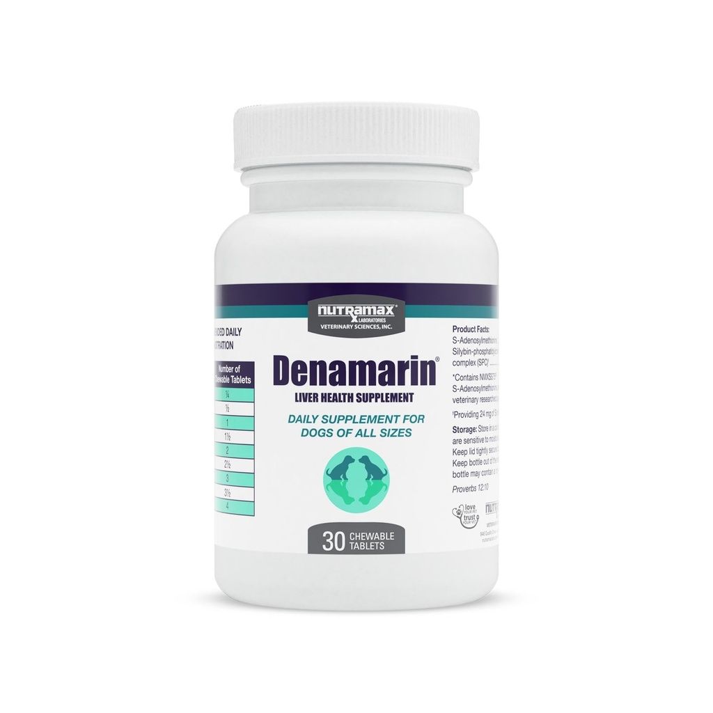 Nutramax Denamarin Tambahan Kesehatan untuk Anjing, Dengan S-Adenosylmethionine (SAMe) dan Silybin, 30 Tablet Chewable
