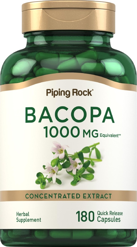 Piping Rock Bacopa Monnieri Suplemen 1000mg 124; 180 Capsules 124; Herbal Extract 124; Non-GMO & Gluten Bebas