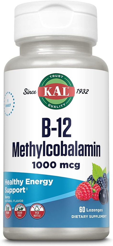 KAL Vitamin B-12 Methylcobalamin Lozenges 10000mcg, Healthy Energy, Metabolisme, Nerve & Red Blood Support, Optimal Berry Flavor, Vegan, Sugar Free, 60 Servings, 60 Lozenges