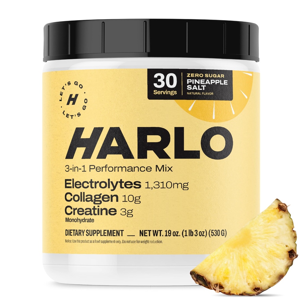Harlo - Collagen & Creatine Electrolite Drink Mix - Pineapple Salt Flavor - Hydrating Pre & Post Workout - Pasokan Skin, Joints & Muscle Recovery - Sugar- Free Energy Boost