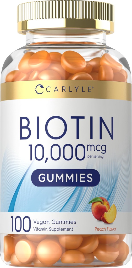 Carlyle Biotin 1000mcg Gummies 124; 100 Count 124; Peach Flavor Suplement 12.4; Vegan, Non-GMO, Gluten Free