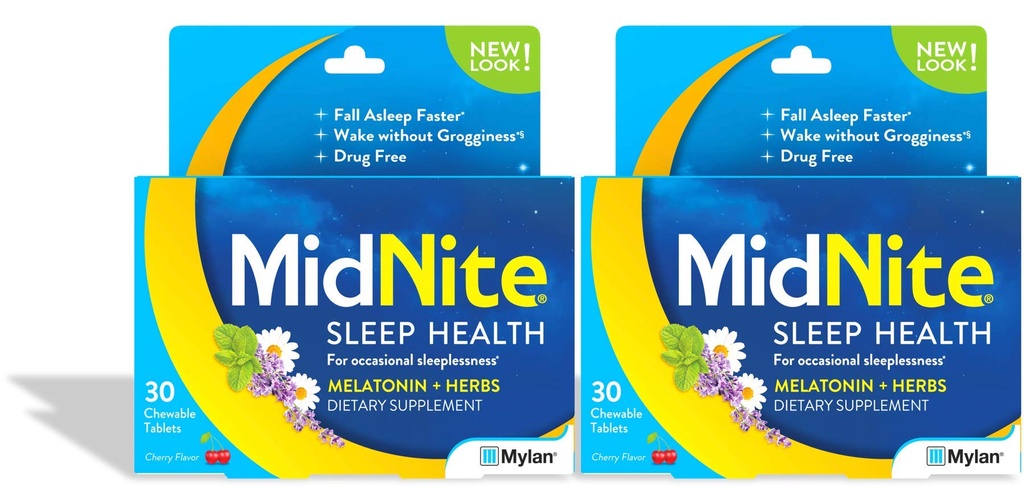 MidNite Natural Sleep Supplement 30 Count Chewable Cherry-Flavored Tablets, Natural Non-Habit Forming Sleep Aid, Melatonin Supplement - Twin Pack