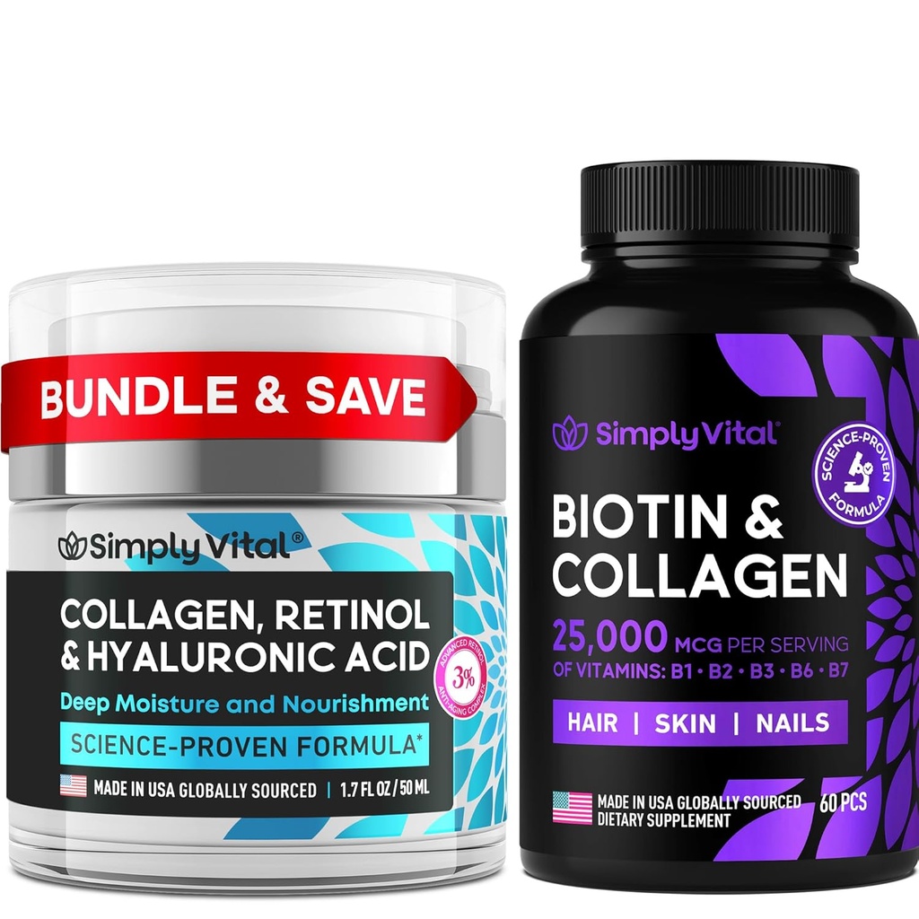 SimplyVital Biotin, Collagen & Retinol Bundle - 5000mcg Biotin for Hair, Skin & Nails + AntiAnti- Aging Retinol & Hyaluronic Acid for Face, Neck & Dcollete - Dibuat di Amerika Serikat