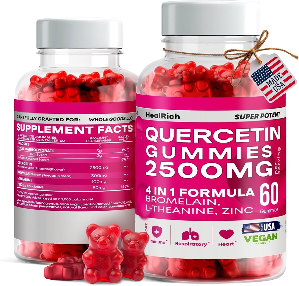 Quercetin Gummies - 2500MG dengan Bromelain, L-Theanine & Zinc Gegan Suplemen Kebal untuk Anak-anak & Dewasa - Bantuan Alergi & Lung Kesehatan