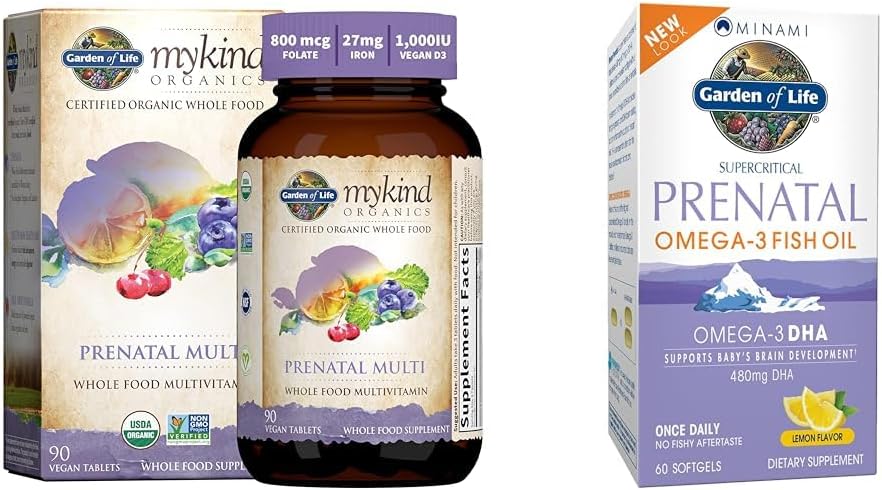 Garden of Life Women 's Prenatal Multivitamin dengan Vitamin D3, B6, B12, C & Iron & Prenatal DHA Omega 3 Oil - Minami Natural Prenatal, 60 Softgels