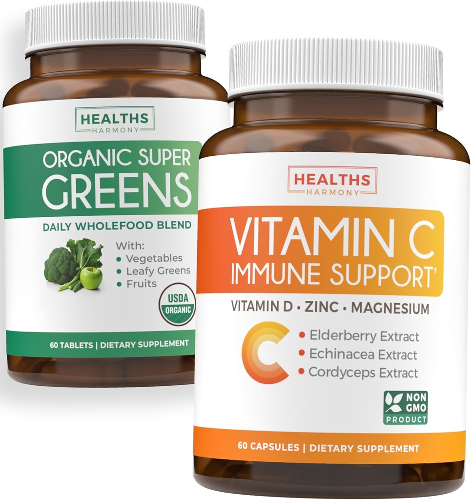 Super Greens & Vitamin C (1-Month Suply) Greens & C Synergy Bundle of Organic Super Greens Powder - Complete Superfood (60 Capsules) & Vitamin C Imune Support (60 Vegetarian Caps) (Non-GMO)