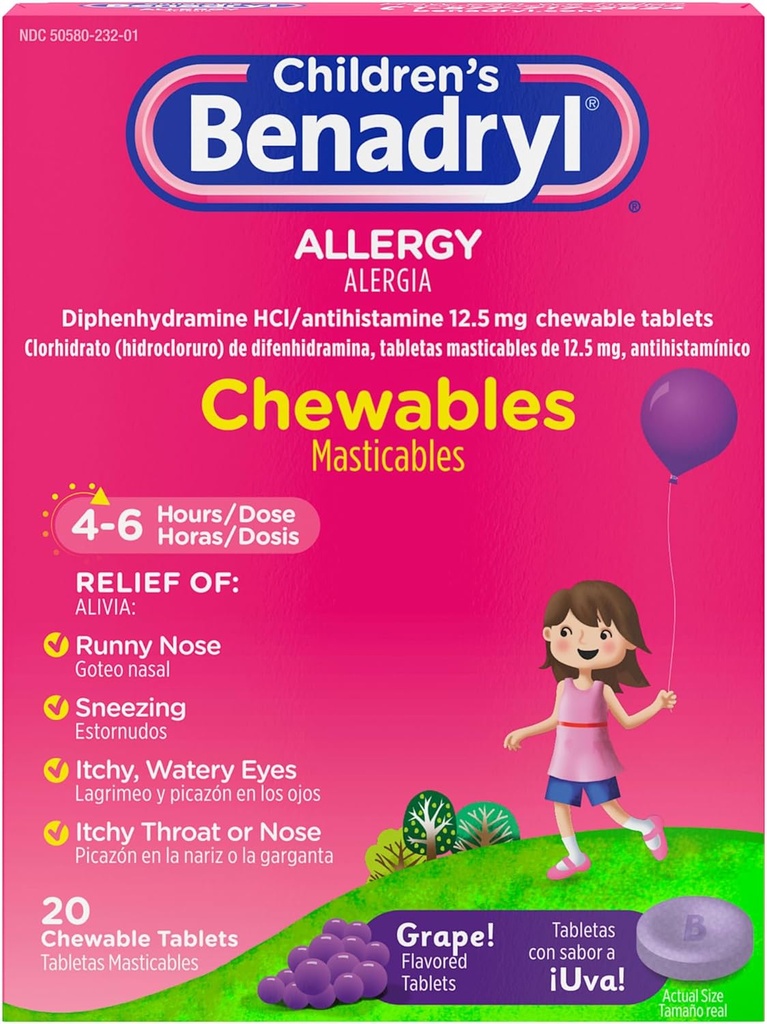 Benadryl Children 's Allergy Medicine Chewables with Diphenhydramine HCI, Chewable Kids' Antihistamine Tablet untuk Relief of Allergy Sympitics Like Sneezing & Itchy Eyes, Grape Flavor, 20 ct