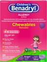 Benadryl Children 's Allergy Medicine Chewables with Diphenhydramine HCI, Chewable Kids' Antihistamine Tablet untuk Relief of Allergy Sympitics Like Sneezing & Itchy Eyes, Grape Flavor, 20 ct