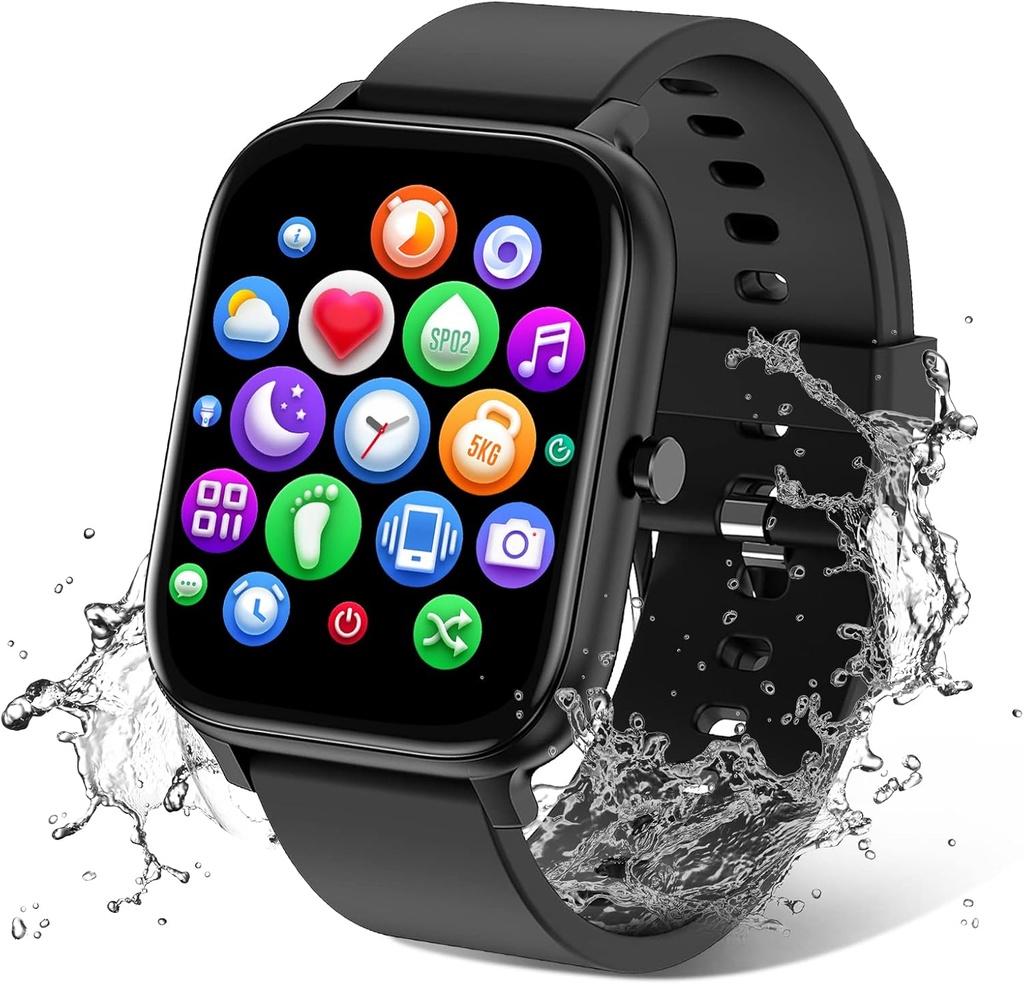 Smart Watch for Men Women Compatible with iPhone Samsung Android Phone 1.83 inch Full Touch Screen IP68 Waterproof Bluetooh Fitness Tracker Heart Rate / Sleep Monitor, Black