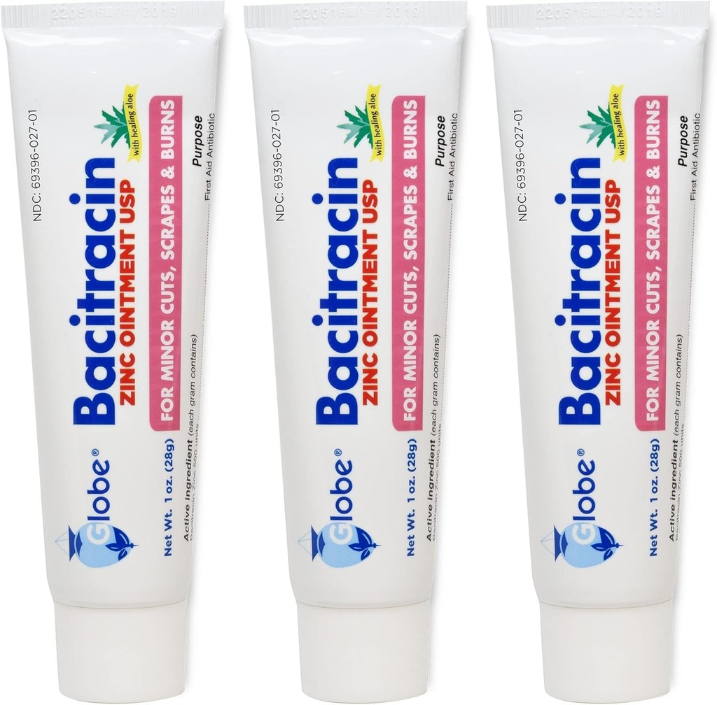 Globe (3 Pack) Bacitratin Zinc Olessed + Aloe 1oz - Antibiotik maksimum untuk Pengobatan Wound - Solusi Obat Topical untuk Cuts, Burns, Scrapes - Skin Infeksi & Esensial Bantuan Pertama