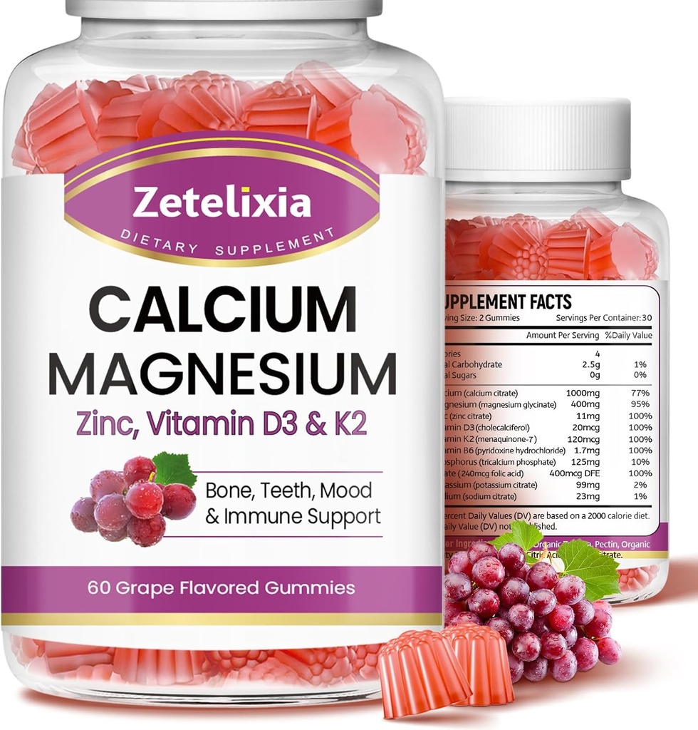 Kalsium Gummies, Kalsium Magnesium Zinc dengan Vitamin D3 & K2, Calcium Magnesium Suplemen untuk B0nes Muscles, Grape Flavor - 120 Count