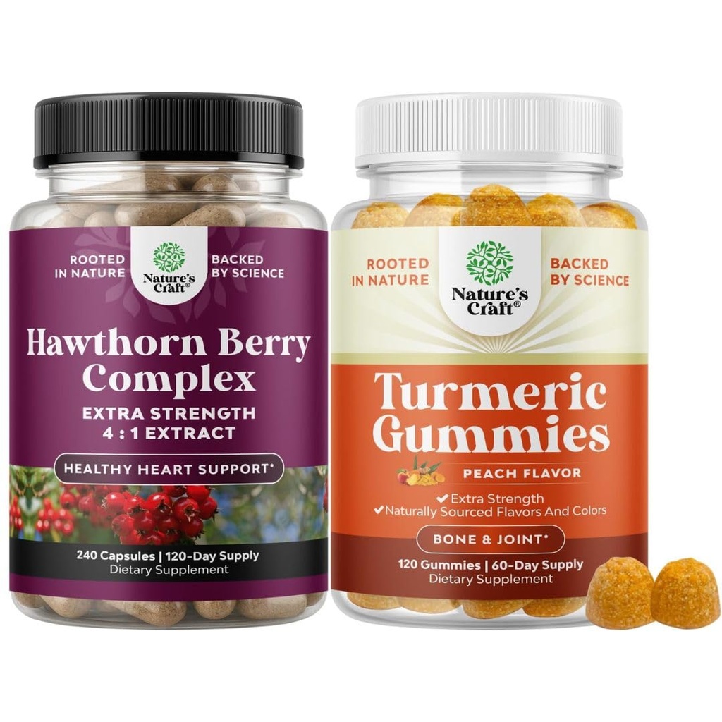 Bundle of Extra Power Hawthorn Berry Capsules - Ekstrate Disuble and Heart Health Supplement and Turmeric Gummies for Dewas Peach Flavor - Ekstra Kekuatan Dukungan Gummies Gabungan