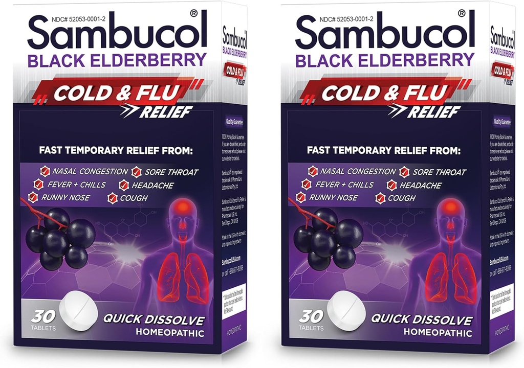 Sambucol Cold and Flu Relief Tablet - Homeopathic Cold Medicine, Nasal & Sinus Contraffic Relief, Gunakan untuk Hidung Runny, Batuk, Remedy Dingin untuk Dewasa - Black Elderberry, 30 Count, 2-Pack