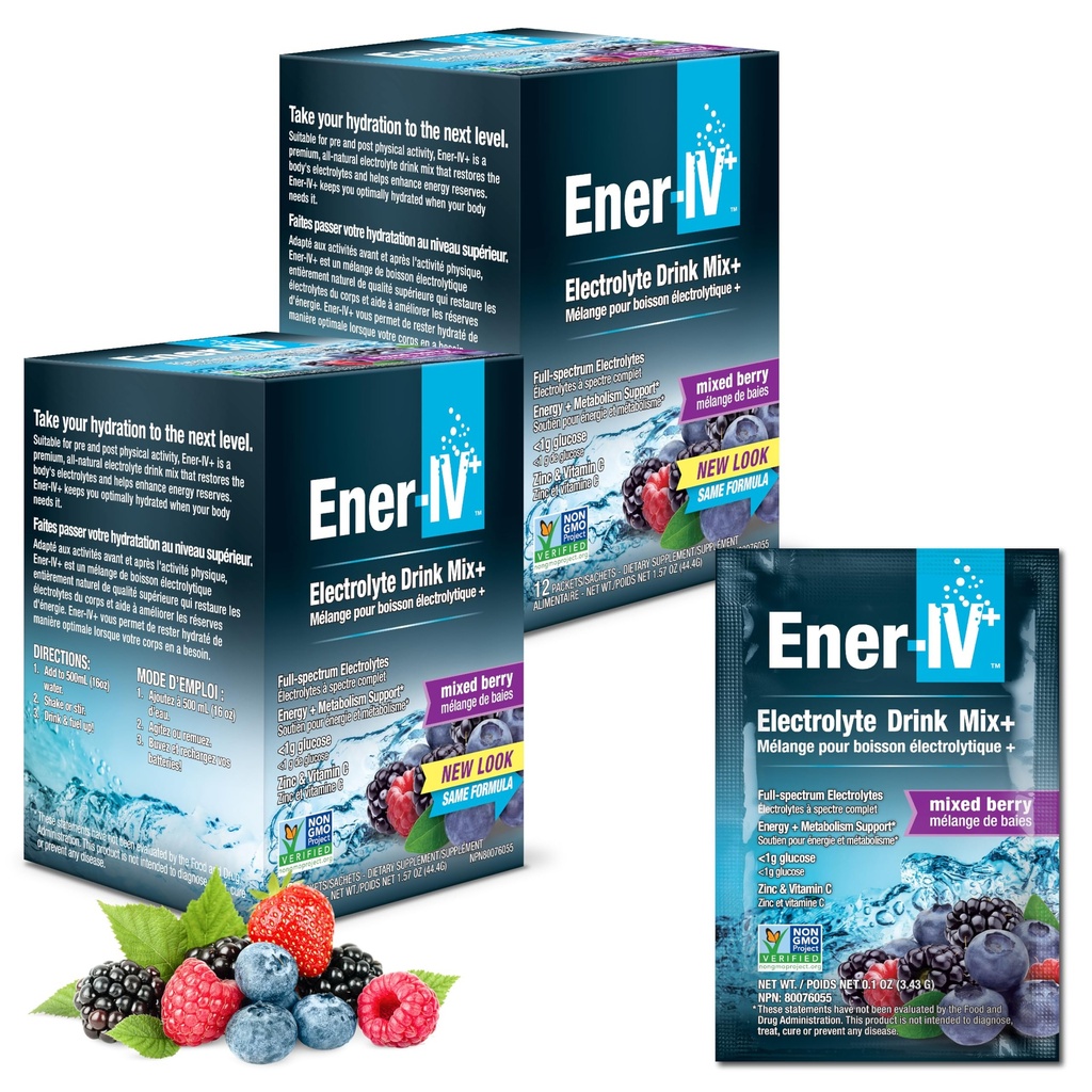 Ener- IV Electrolite Drink Mix - Electrolytes Powder Pawder, Hidration Powder Drinder, Hidrate Liquid Mix, Low Sugar Rehydration for Women & Pria - Campuran Berry, 24 Count