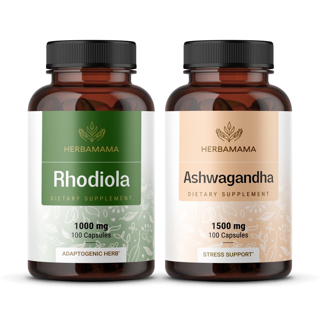 HERBAMAMA Rhodiola Rosedan Ashwagandha Kit - Bundle of 1000 mg Rhodiola Rossules Capsules & 1500 mg Ashwagandha Root Capsules - Vegan, Non-GMO, Gagatin- Free - 2 Pack
