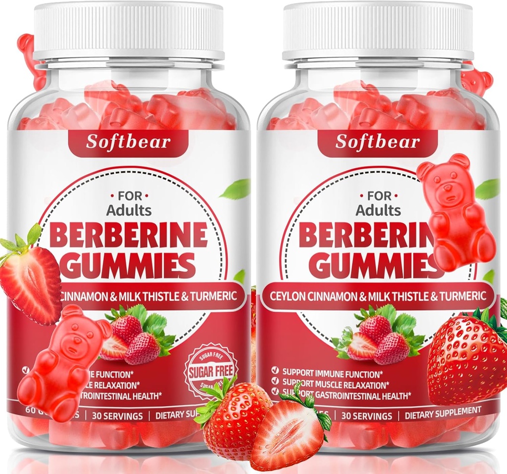 Softbear Berberberine dengan Ceylon Cinnamon Gummies Organic Berberine HCL 1500mg untuk Metabolisme Kesehatan Sugare Free Berberine Suplemen Strawberry 120 Count