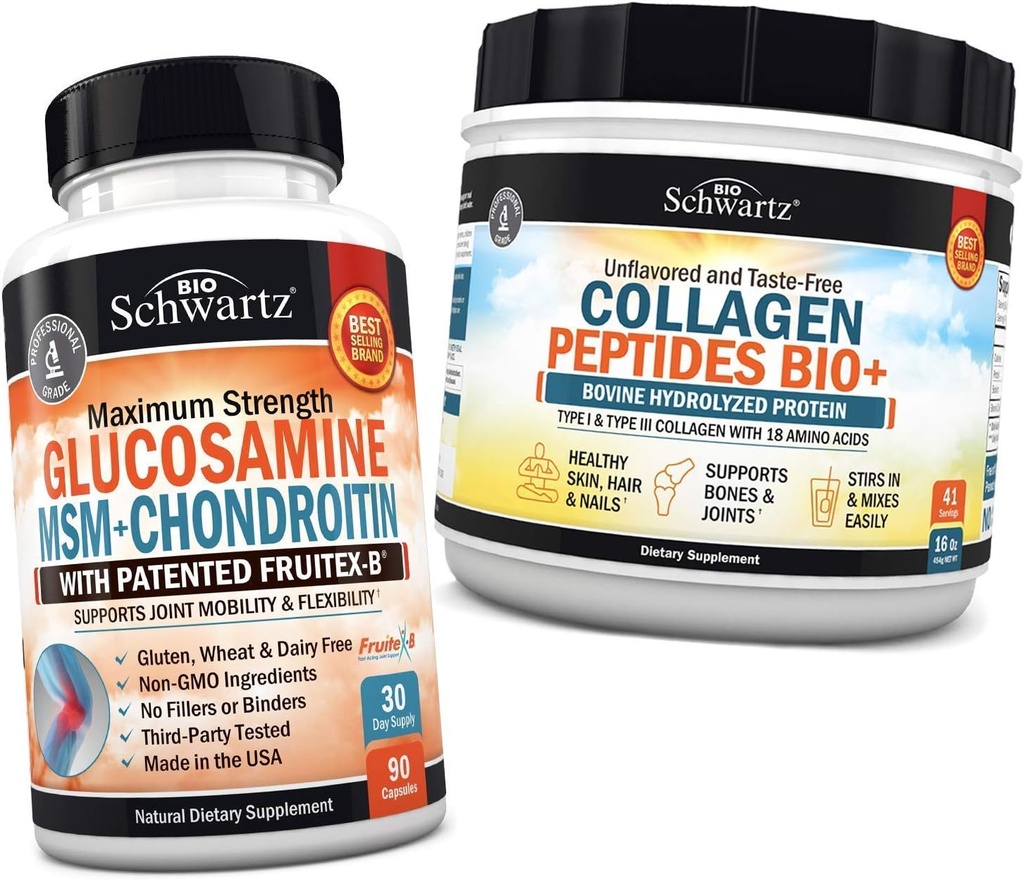 BioSchwartz Glucosamin Chondroitin MSM + Collagen Peptides Powder - Healthy Bone & Joint Dupport - Promoses Flexibility & Supports Cartilage