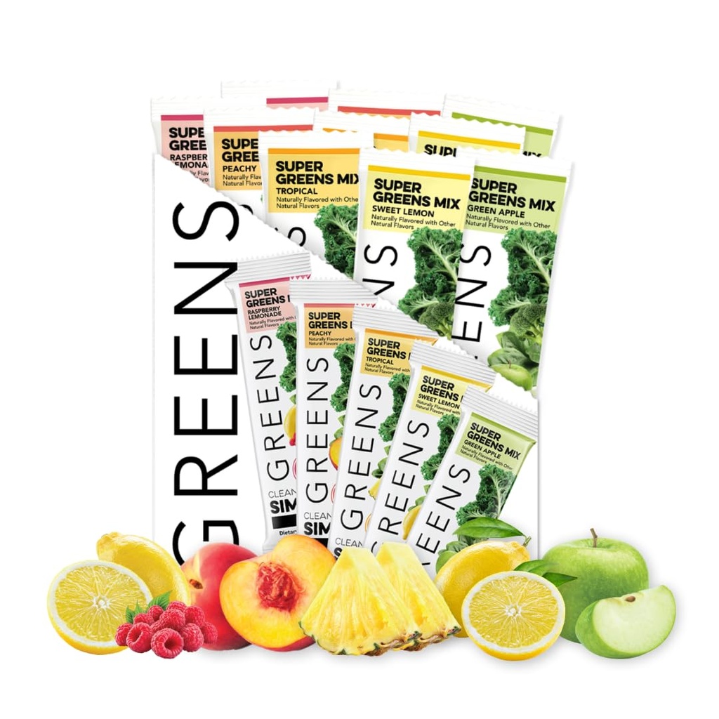 Clean Simple Eats Greens Variety 10 Pack, Greens Powder Mix, Packed with Superfood Chlorella & Spirulina, includes 5 Deticious Flavors: Peachy, Green Apple, Raspberry Leemonade, Sweet Lemon & Tropical