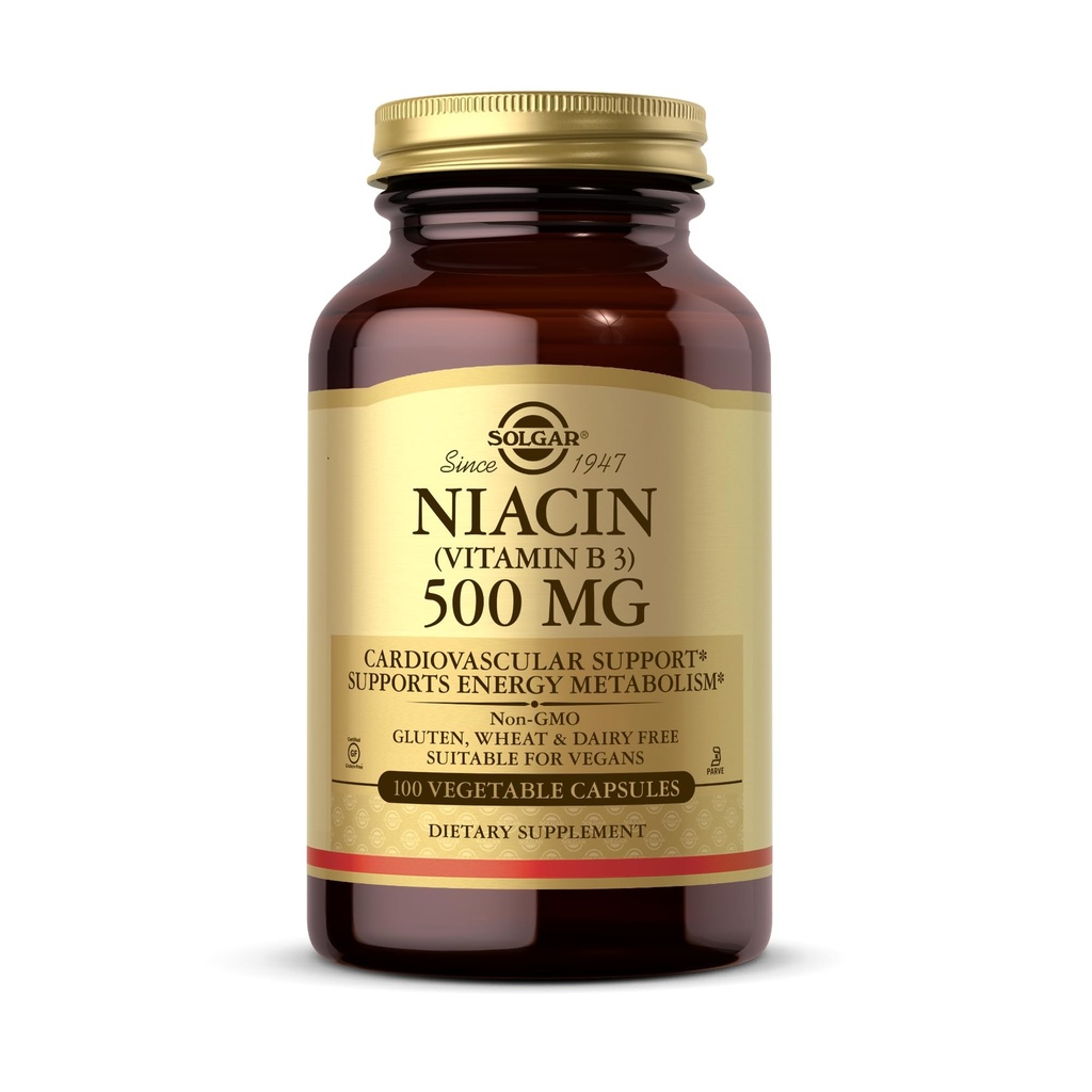 Solgar Niasin (Vitamin B3) 500 mg, 100 Vegetable Capsules - Energy Metabolisme - Non-GMO, Vegan, Gluten Free, Dairy Free, Kosher - 100 pelayan