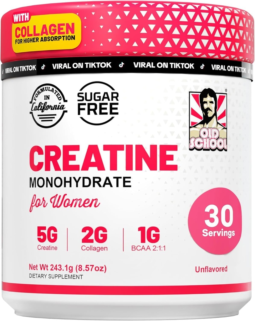 Old School Labs Creatine for Women - Post-Workout Suplemen dengan 5000mg Creatine Monohydrate Powder, 2000mg Collagen & BCAA 2: 1 untuk Dukungan Kekuatan & Recovery - Tanpa Rasa - 8.57 Ounce (Paket 1)