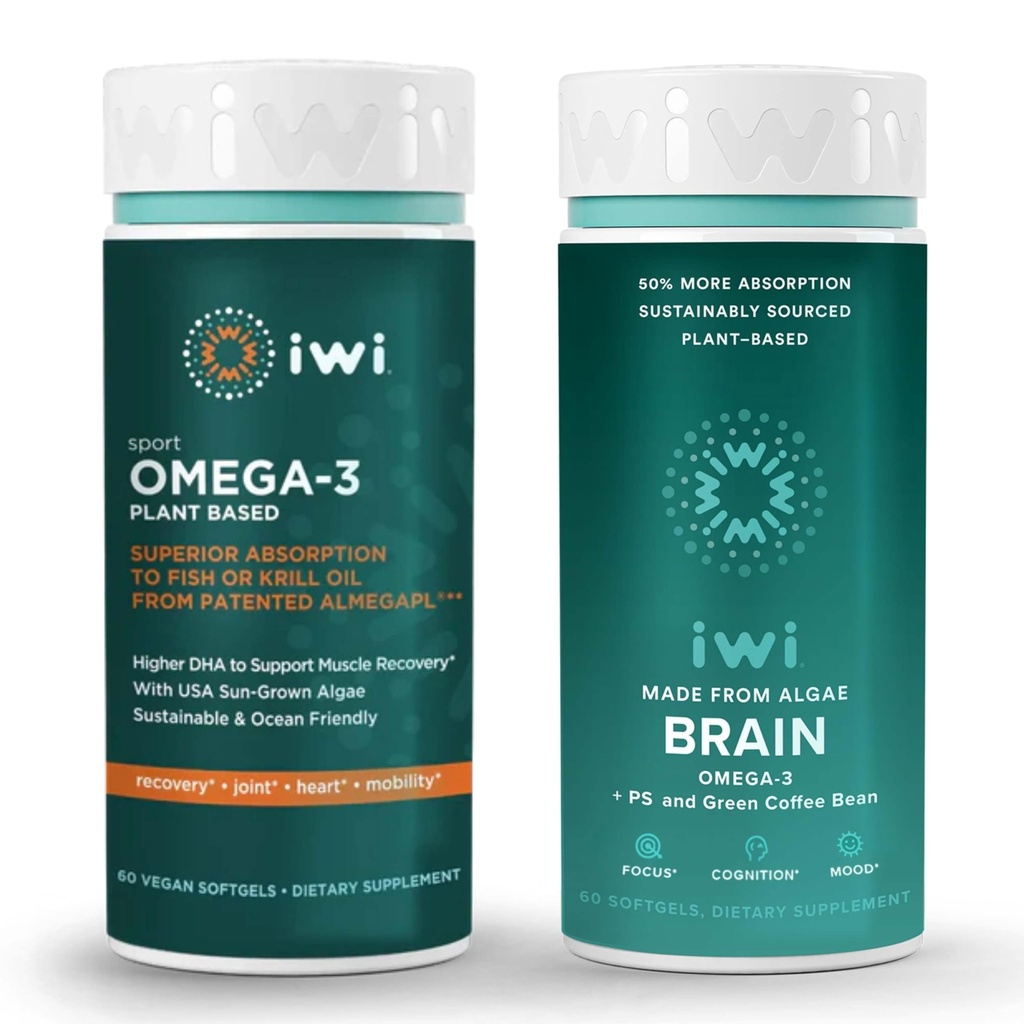 iwi Omega-3 Sport & Brain Omega-3 Bundle, 30 Servis, Vegan Plant-Based Algae Omega 3 dengan EPA + DHA, Krill & Fish Oil Alternative, No Fishy Aftertaste