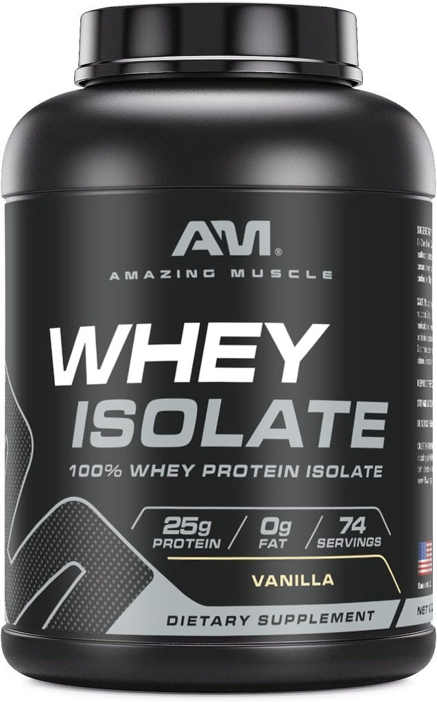 Amazing Muscle Whey Protein Isolat Powder 124; 25 Grams Protein Per Serving 134; 100% Whey Isolate 12.4; Zero Fat 124; Made in USA (5 Lb, Vanilla)