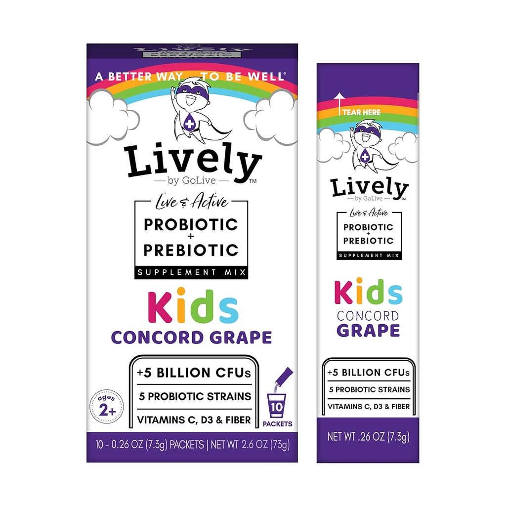 Lively (oleh GoLive) KIDS KONCORD KRAPE Synbiotic (Progories + Prestics); 5 Clinical Strains; + 5 Milyar CFU. Propotik & Pregities KIDS untuk Divalry, Metabolisme, kekebalan tubuh. (10 Paket)