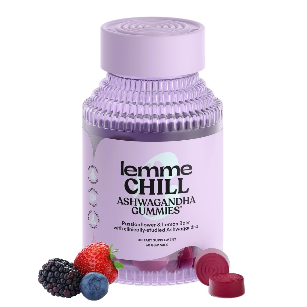 Lemme Chill Stress Relief Gummies with 300 mg KSM-66 Ashwagandha, Lemon Balm, Passionflower & Goji to Duxation, Healthy Cortisol & Sleed - Gluten- Free, Non-GMO, Mixed Berry (60 Count)