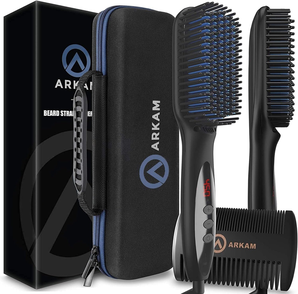 Arkam Beard Straightener for Men-Premium Heated Beard Kit w / Anti-Scald Feature, Dual Action Crab and Hard Shell Case for Medium to Long Beards - Costume and Grooming Gifts for Men