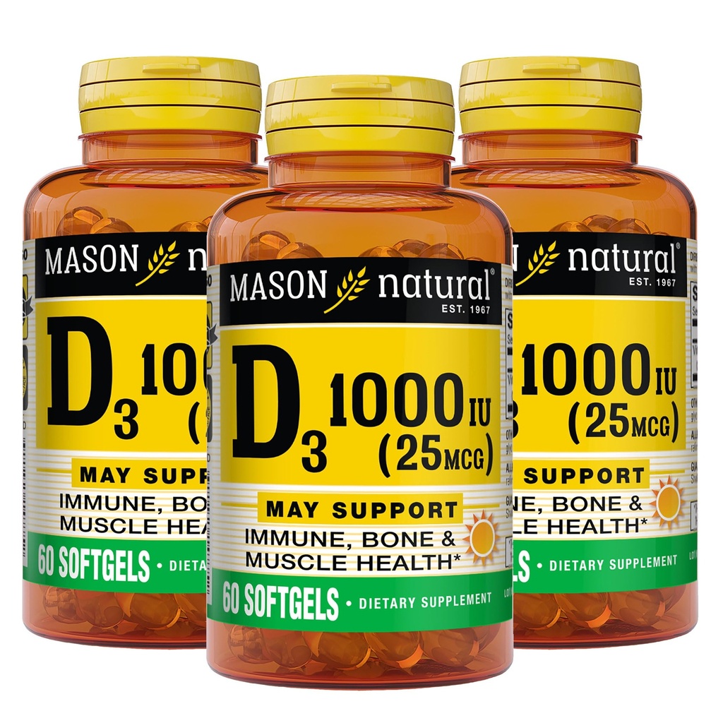 MASON NATURAL Vitamin D3 25 mcg (1000 IU), Bone & Imune Dukung, dari Fish Liver Oil, 60 Softgel (Paket 3)