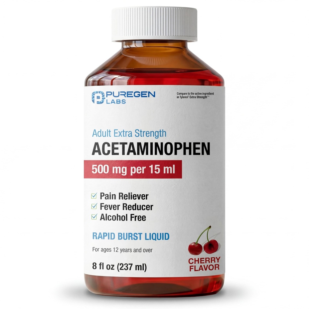 Lab Puregen Membentuk Tenaga Tambahan Acetaminopren Liquid 500mg / 15ml - 8 fl oz Rapid Burst Reliever / Fever Reducer, Cherry Flavor 124; Muscle & Joint Pain Relief 124; Arthritis Pain Relief