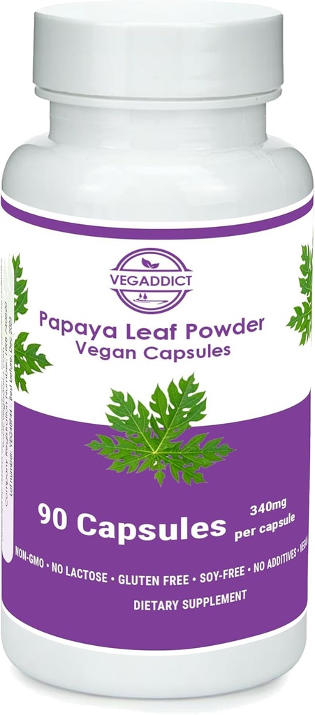 Papaya Leaf Powder 124; 340mg Capsules 124; etimically sourced 14; Platelet support 124; Gluten & Laktosa Free 124; Soy-Free Assist 124; Non-GMO 124; Vegan 124; Nuttrationed Supplement = 903X