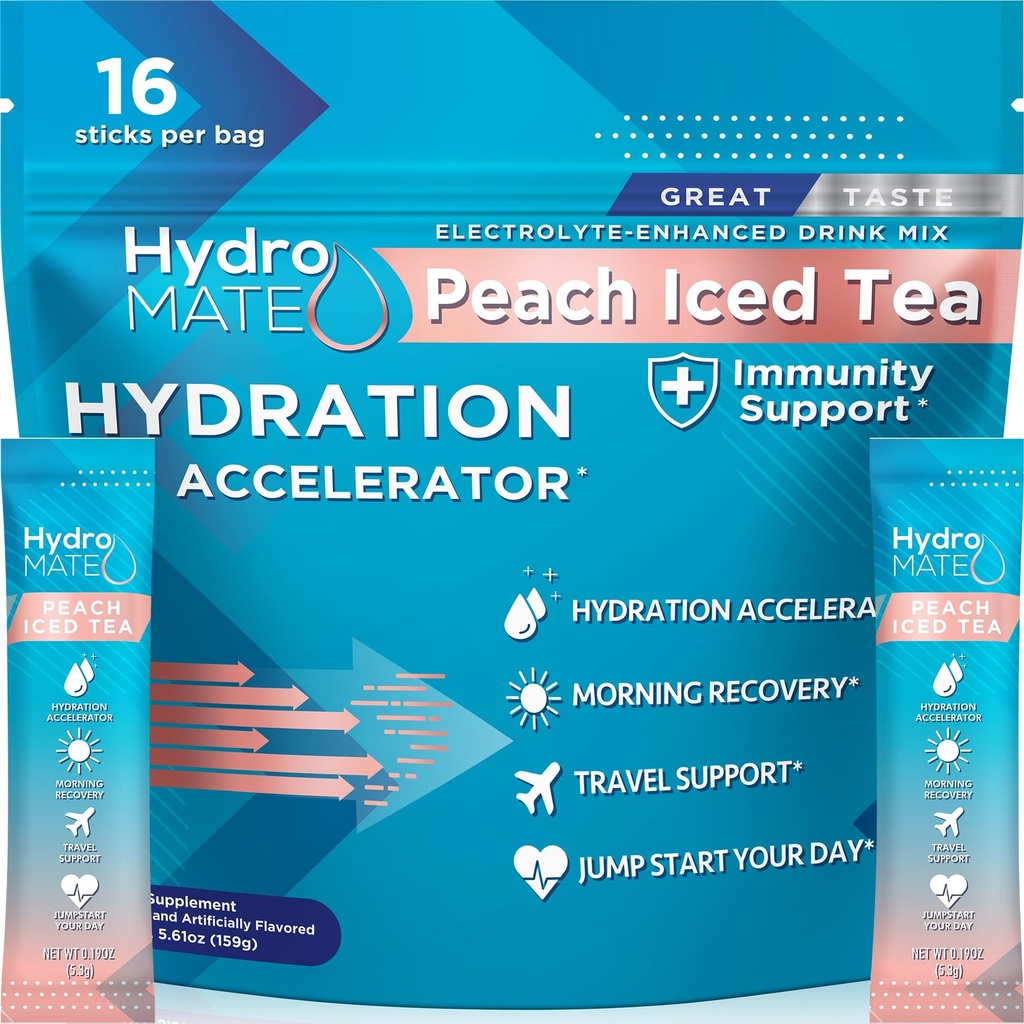 HydroMATE Electrolyte Powder Peach Tea Hidration Packet Rendah Sugar 16 Count