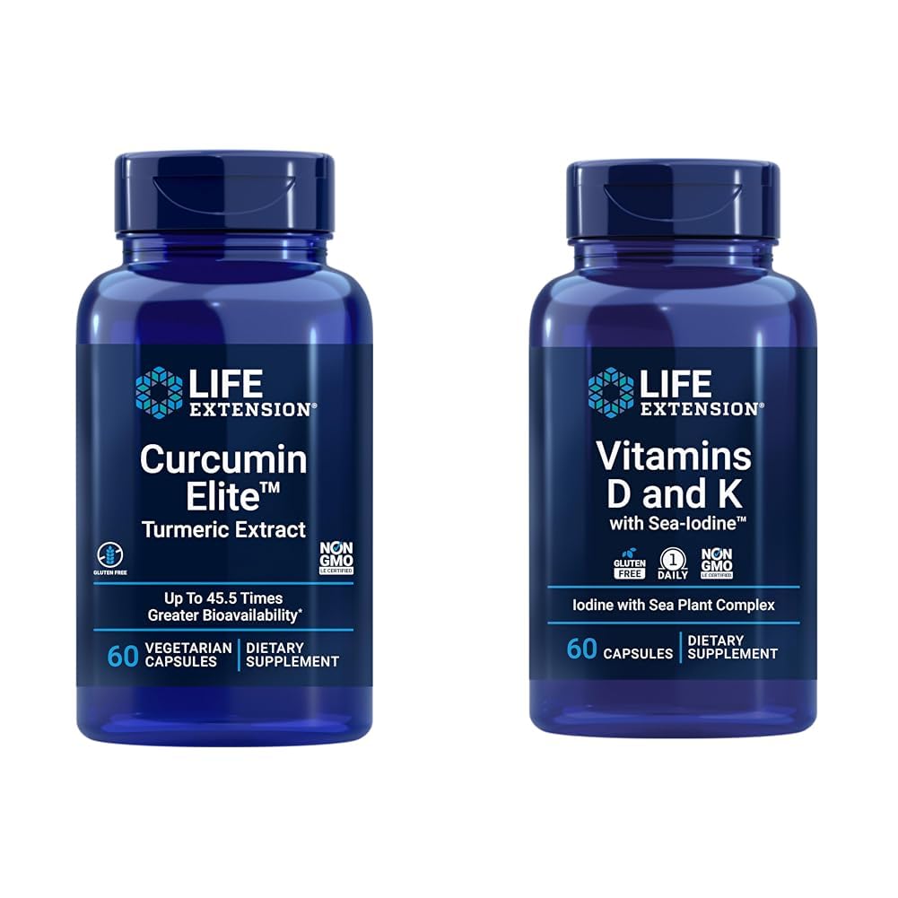 Ekstensi Hidup Curcumin Elite Turmeric Extract, Memroses a Healthy inflamacy Response & Vitamin D dan K dengan Seat-Iodium, Vitamin D3, Vitamin K1 dan K2