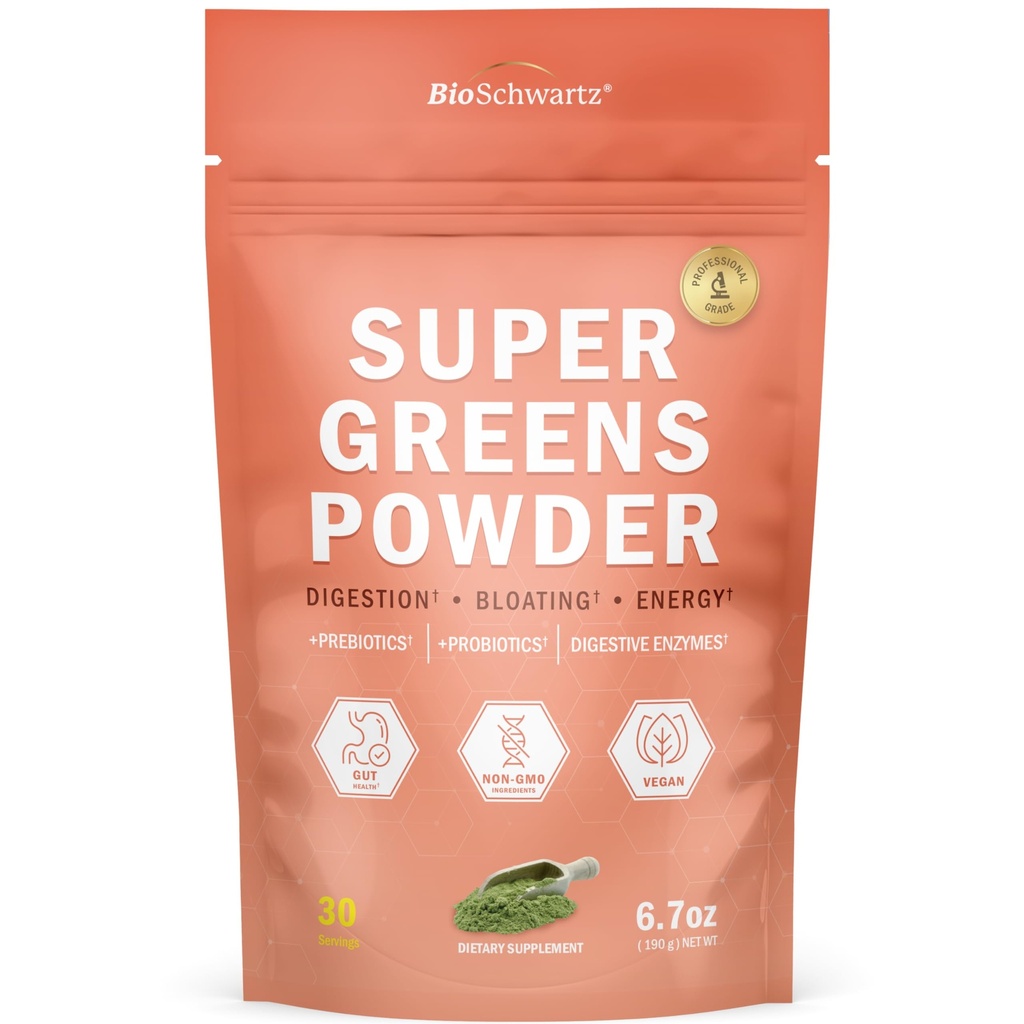 BioSchwartz Greens Powder Super Greens with Prograine, Pregities, Digetical Enzymes & 43 Green Superfoods - Chlorofil, Bilberry, Chlorella, Spirulina - Tastes Amazing - 30 Servings