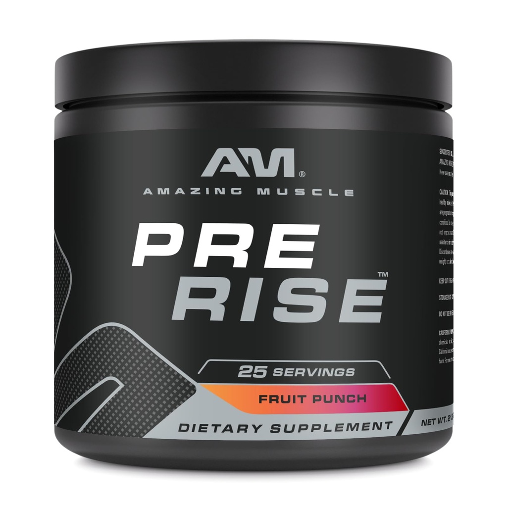 Amazing Muscle Pre Rise 124; Pre-Workout Powder Suplement with Caffeine & Beta- Alanine for Men & Women 124; 25 Servings (25 Service, Fruit Punch)